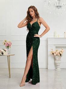UNITHORSE Split Thigh Sequin Valentine's Day Cami Dress Elegant Formal Evening Prom Wedding Guest Gown, For Graduation, Dinner Party Dress, School Clothes - Dark Green - View 5