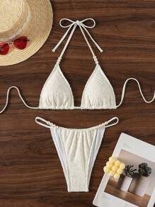 SHEIN Swim Women's Solid Color Halter Strap Sexy Bikini Set For Vacation Summer