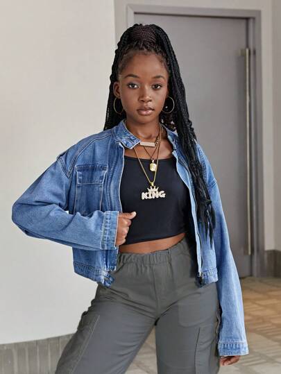 SHEIN Explorewe Teen Girls' Asymmetrical Stand Collar Denim Jacket, Vintage Washed Loose Fit Fashionable  Coat, All-Match