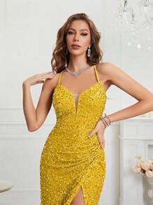 UNITHORSE Split Thigh Sequin Valentine's Day Cami Dress Elegant Formal Evening Prom Wedding Guest Gown, For Graduation, Dinner Party Dress, School Clothes - Yellow - View 5