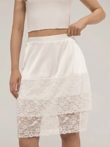 Forever 21 Mùa hè Mới Xuất Hiện Ren Ghép Dây Cổ Dệt Kim Áo Thun Nữ Tay Ngắn Hàng Đầu Với Satin & Ren Spliced Váy Bộ - trắng - Xem 5