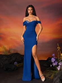 VIPGIRL 女士藍色無肩帶高貴儀態伴娘禮服 - 藍色 - 查看 1