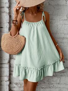 Breezaya Vestido de tirantes para mujer de longitud por encima de la rodilla y con terminación de color liso para vacaciones - Verde - Ver 6