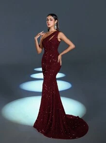 Elegante y encantador vestido de noche con un hombro y abertura con lentejuelas - perfecto para eventos de alfombra roja, bodas de lujo, inauguraciones de galerías de arte y galas de moda de medianoche - Burdeos - Ver 5
