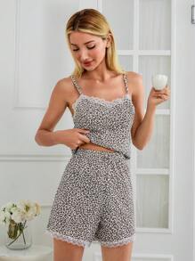 RueChic Leopard Print Lace Trim Top & Short PJ Set - Multicolor - View 4