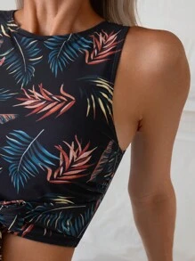 SHEIN Swim Lushore 女士树叶印花度假风格背心上衣、吊带泳衣和泳裤套装夏季 - 彩色 - 查看 5