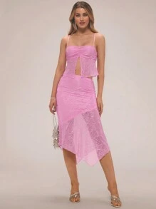 Forever 21 New Summer Split Hem Cami Top Asymmetrical Hem With Bodycon Skirt Party Set - Pink - View 3