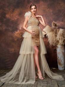 Maternity Asymmetrical Neck Mesh Overlay Sequin Party Elegant Dress