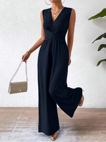 Chiquease Bộ áo liền quần liền thân Criss Cross Tie Back cho mùa hè - Màu xanh hải quân - Xem 4