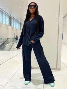 Bộ 2 món áo sơ mi xếp ly thời trang và quần ống rộng thoải mái dành cho nữ, thích hợp mặc thường ngày vào mùa xuân. - Màu xanh hải quân - Xem 9