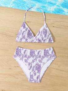 Teen Girl Summer Beach Floral Printed Halter Neck Bikini Set With Random Print - Multicolor - View 4