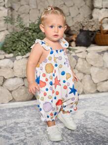 Mono con estampado de conchas y estrellas de mar con lunares, mangas cortas, atuendo informal lindo y moderna con vibración oceánica para adolescentes; adecuado para primavera y verano - Multicolor - Ver 4