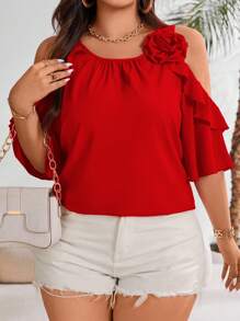 Vionelle Blusa con hombro descubierto y volantes para el verano, ropa de Año Nuevo tallas grandes - Rojo - Ver 3