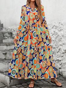 SHEIN Clasi Đầm viền nhún bèo in hoa toàn thân cho kỳ nghỉ hè - Nhiều màu - Xem 3