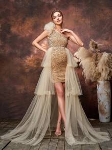 Maternity Asymmetrical Neck Mesh Overlay Sequin Party Elegant Dress