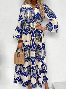 Breezaya Allover Print Notched Neckline Ruffle Hem Smock Dress - Royal Blue - View 6