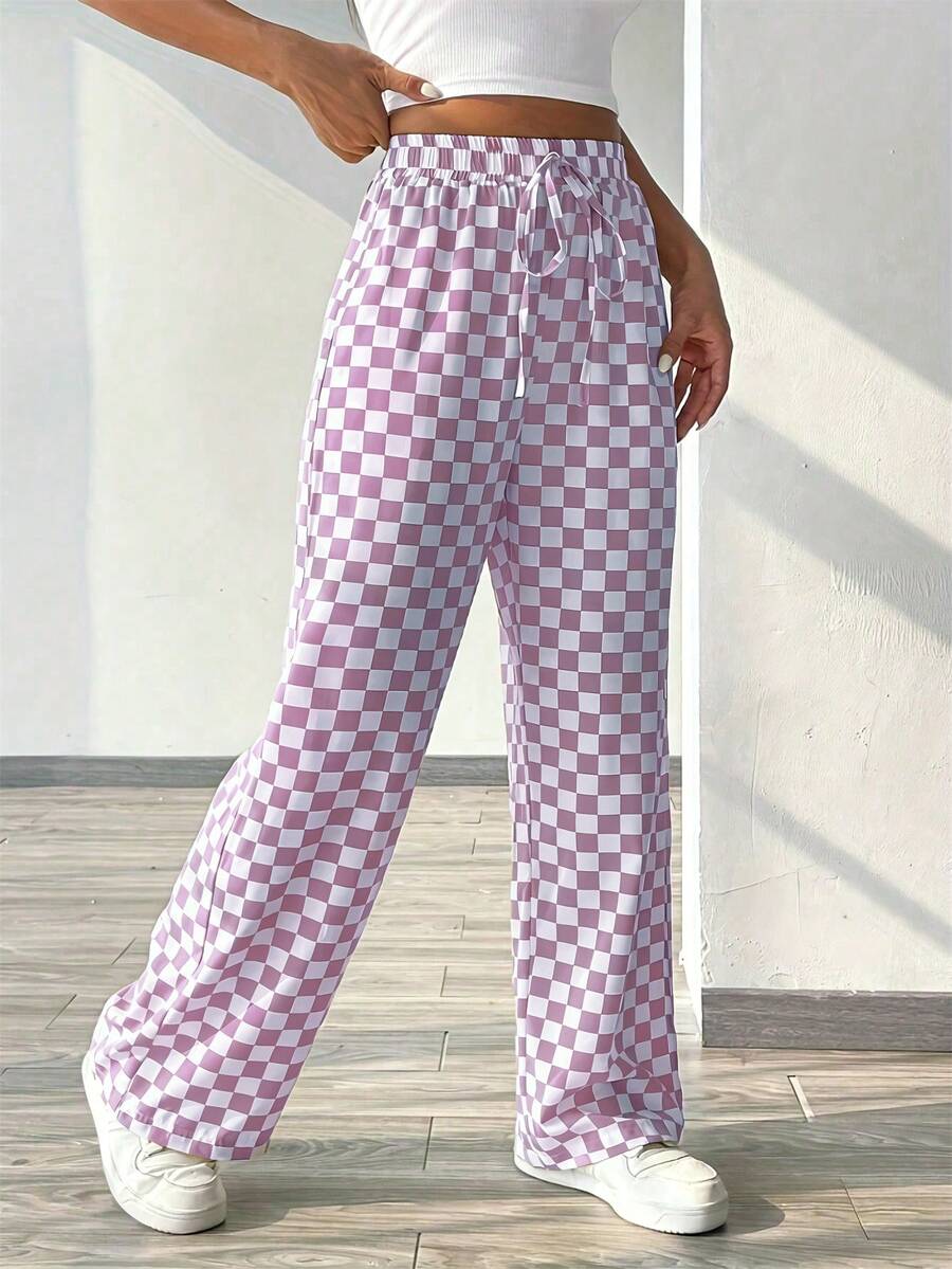 Celana Panjang Longgar Kasual Motif Kotak-kotak dengan Ikat Pinggang - Purple - View 1