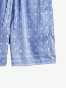 AKNOTIC Business Casual Quần short nam dệt kiểu lụa in họa tiết dáng rộng dây rút eo thẳng, dài đến đầu gối, thích hợp cho mùa hè - Màu xanh nhạt - Xem 6
