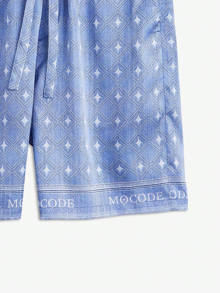 Silk-Like Men's Woven Pattern Printed Loose Fit Drawstring Waist Straight Shorts, Knee-Length, Suitable For Summer