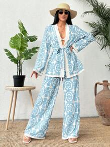 RueChic Retro Totem Printed Kimono Style Tie Front Shirt And Wide Leg Pants Set - Baby Blue - View 2