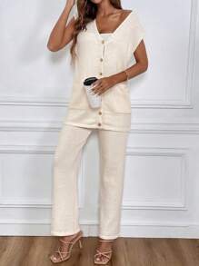 SHEIN LUNE Cárdigan sólido con botones en la parte frontal y pantalones de punto para el verano - Albaricoque - Ver 6