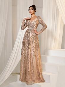 Faeriesty Plunging Neck Back Lace Up Formal Sequin Prom Dress