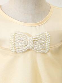 Vestido para bebé niña de manga corta con cuello redondo, confeccionado en satén tejido de primavera/verano y con lazo y adornos de cuentas para bodas, fiestas y cumpleaños - Blanco - Ver 3