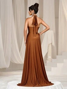 Faeriesty Đầm dự tiệc Maxi cổ yếm đính đá lấp lánh - màu nâu - Xem 2