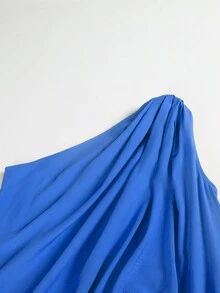 Elegant One-Shoulder Slit Solid Color Dress, Sleeveless - Blue - View 5