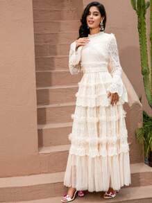 Lace Dress Female New Waist Mesh Summer A-Line Dress Elegant Long Sleeve Formal Evening Prom Wedding Guest Gown, For Graduation, Dinner Party Dress - Beige - View 7