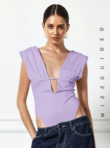 MISSGUIDED Plunge Neck Ruched Sleeveless Bodysuit - Purple - View 1
