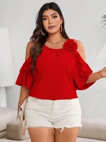 Vionelle Blusa con hombro descubierto y volantes para el verano, ropa de Año Nuevo tallas grandes - Rojo - Ver 1