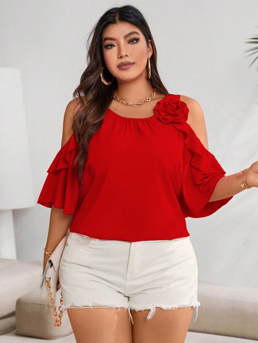 Vionelle Blusa con hombro descubierto y volantes para el verano, ropa de Año Nuevo tallas grandes - Rojo - Ver 1