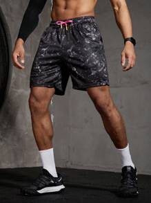Manfinity Sport PWRUP Boyfriend Style Men Allover Print Drawstring Waist Sports Shorts - Black - View 1