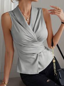 SHEIN Clasi Shawl Collar Wrap Cross Blouse For Dailywear - Light Grey - View 3