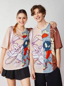 LOONEY TUNES X SHEIN 夏季男女款 1 件休闲卡通字母拼接印花落肩超大 T 恤 - 卡其色 - 查看 2