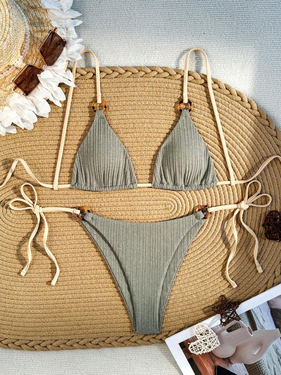 SHEIN Swim 夏季海灘環連三角形綁帶比基尼