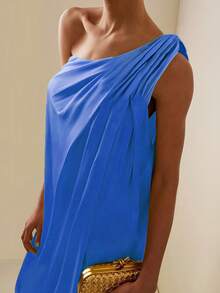 Elegant One-Shoulder Slit Solid Color Dress, Sleeveless - Blue - View 6