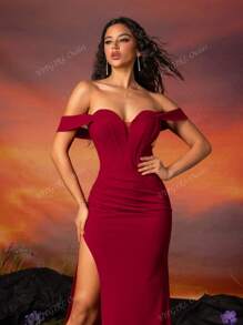 Burgundy Strapless Slit Elegant Bridesmaid Dress For Women