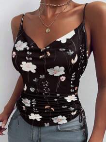 Chiquease 女士夏威夷風格休閒/日常/海灘假期花卉印花背心上衣 - 黑色 - 查看 1