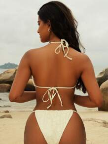 SHEIN Swim Women's Solid Color Halter Strap Sexy Bikini Set For Vacation Summer