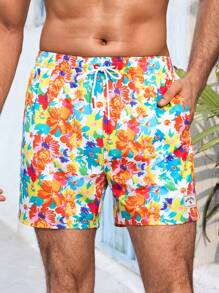 Manfinity VDAYZ 男士度假花卉印花束腰寬鬆沙灘短褲泳裝 - 彩色 - 查看 4