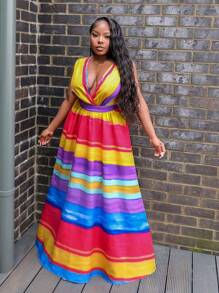 Slaydiva Vacation Sexy Striped Cami Colorful Gradient Print Women's Bodycon Dress Suitable For Music Festivals, Casual Streets, And Elegant Everyday Wear - A - Multicolor - View 5