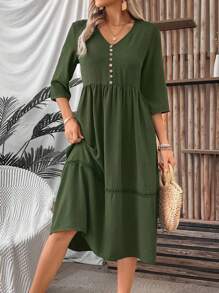 SHEIN LUNE Vestido midi verde militar sólido de verano/otoño con escote en V, mangas medias, dobladillo de encaje y corte en línea A - Verde militar - Ver 5