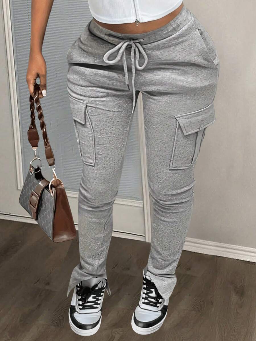 Slaydiva 簡約舒適的女士秋冬基本長褲，配有口袋和開叉設計-C款