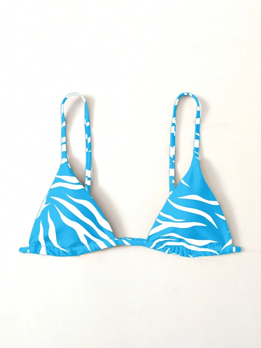 SHEIN Swim Summer Beach Bikini Top, Random Print - Blue and White - View 1