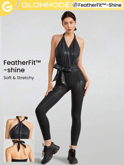 GLOWMODE Läder Effekt Jumpsuit med Halter-Neck Med Avtagbar Bälten Lätt Support