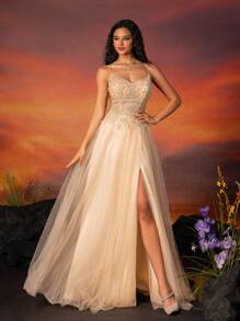 VIPGIRL Elegant Champagne Spaghetti Strap Beaded Tulle High-Slit Gown For Women, Long Formal Evening Dresses For Prom, Party, Wedding Guest, Graduation, And Dinner - Rượu sâm banh - Xem 7