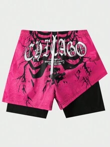 ROMWE MEN Street Life Men's Slogan Print 2 In 1 Shorts, Suitable For Spring And Summer - Multicolor - View 1