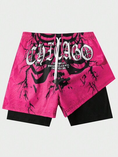 Street Life Men's Slogan Print 2 In 1 Shorts, Suitable For Spring And Summer
